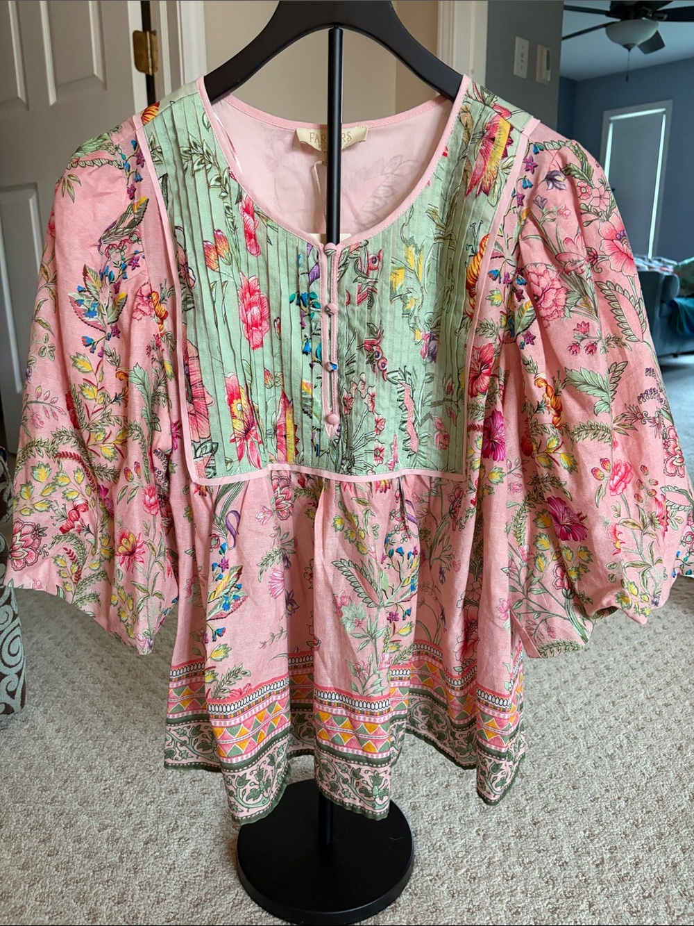 Floral Pintuck Peasant Blouse in Pink and Mint